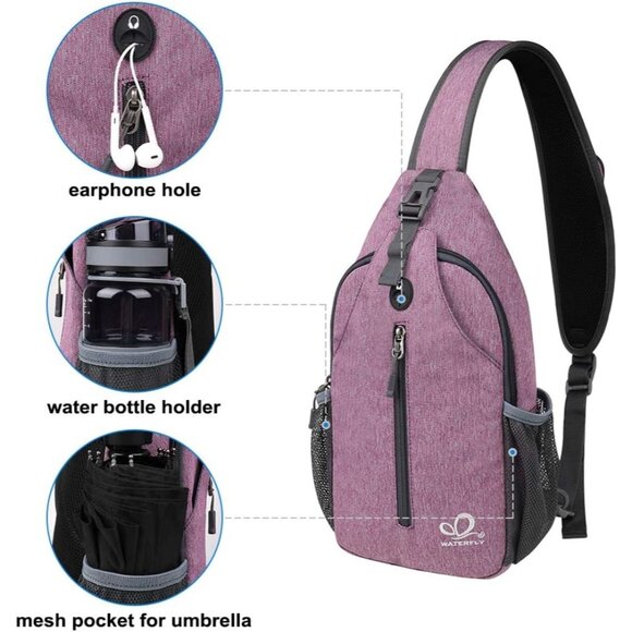 Waterfly Men Women Purple Crossbody Adjustable Strap Hiking Sling Backpack - Picture 3 of 6